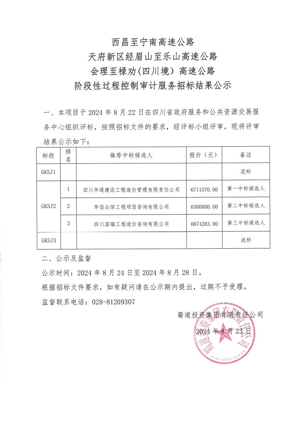 西昌至甯南高速公路、天府新區經眉山至樂山高速公路、會理至祿勸（四川境）高速公路階段性過程控制審計服務招标結果公示（官網）_00.jpg